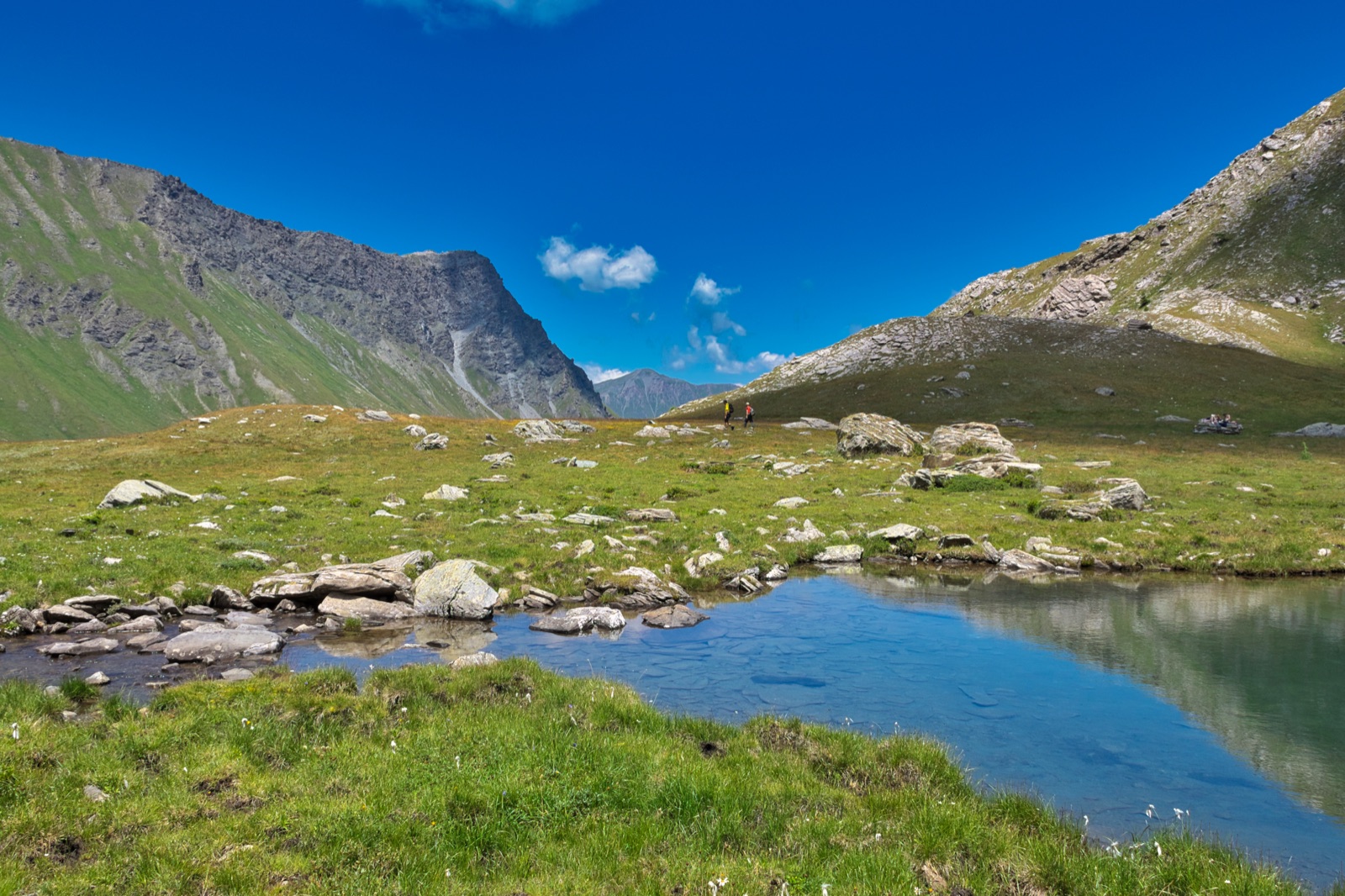 Laghetto alpino in un pascolo, con sassi sulla riva e montagne sotto un cielo blu intenso